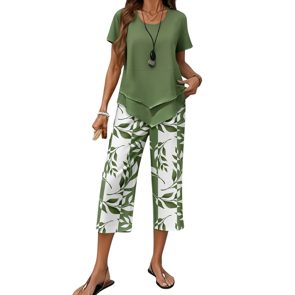 Botanical Themed Short Sleeve Top And Pants Set - Image 1