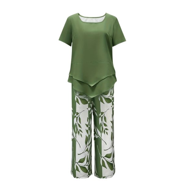 Botanical Themed Short Sleeve Top And Pants Set