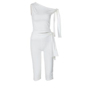 Sleeveless Asymmetrical Top And Cropped Pants Set - Image 4