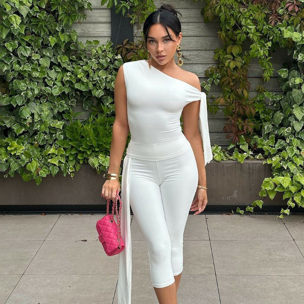Sleeveless Asymmetrical Top And Cropped Pants Set - Image 1