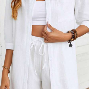 Button Up High Low Hem Shirt With Shorts - Image 10