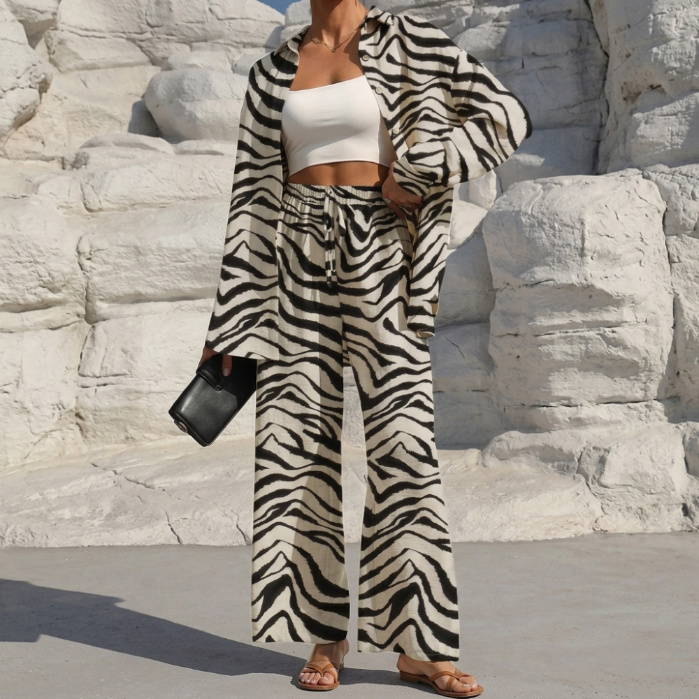 Casual 2 Piece Long Sleeve Shirt And Wide Fit Trouser Set For Women - Image 15