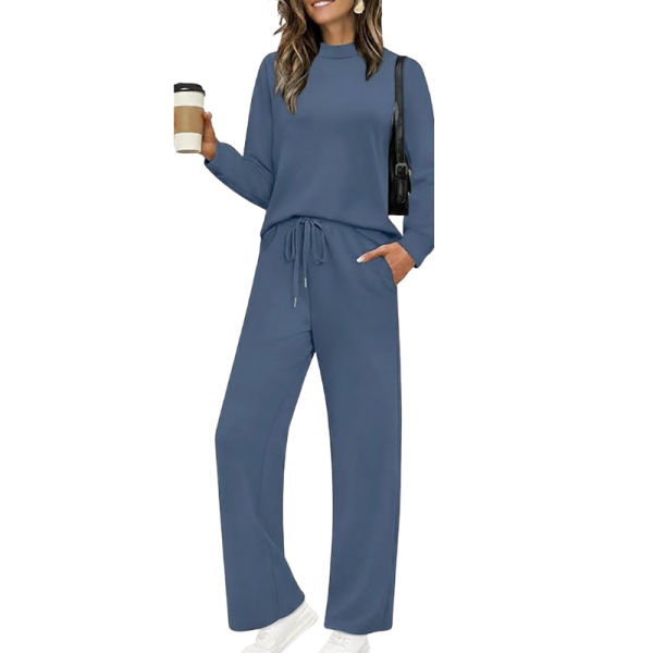 Two Piece Matching Travel Outfit With Comfortable Top And Loose Fit Pants For Women