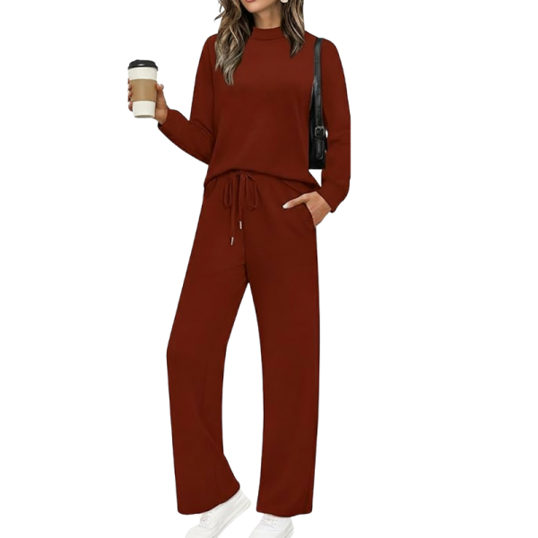 Two Piece Matching Travel Outfit With Comfortable Top And Loose Fit Pants For Women