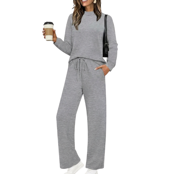 Two Piece Matching Travel Outfit With Comfortable Top And Loose Fit Pants For Women