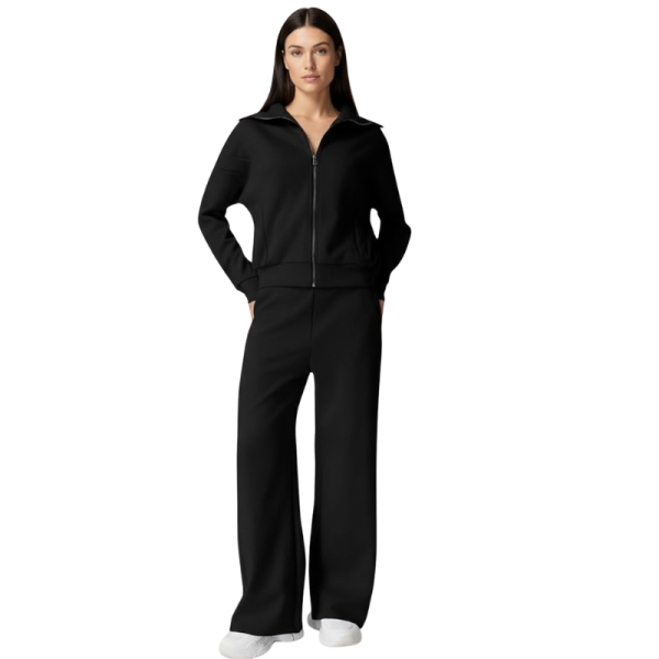 Two Piece Tracksuit With Zip Up Sweatshirt And Wide Pants For Women