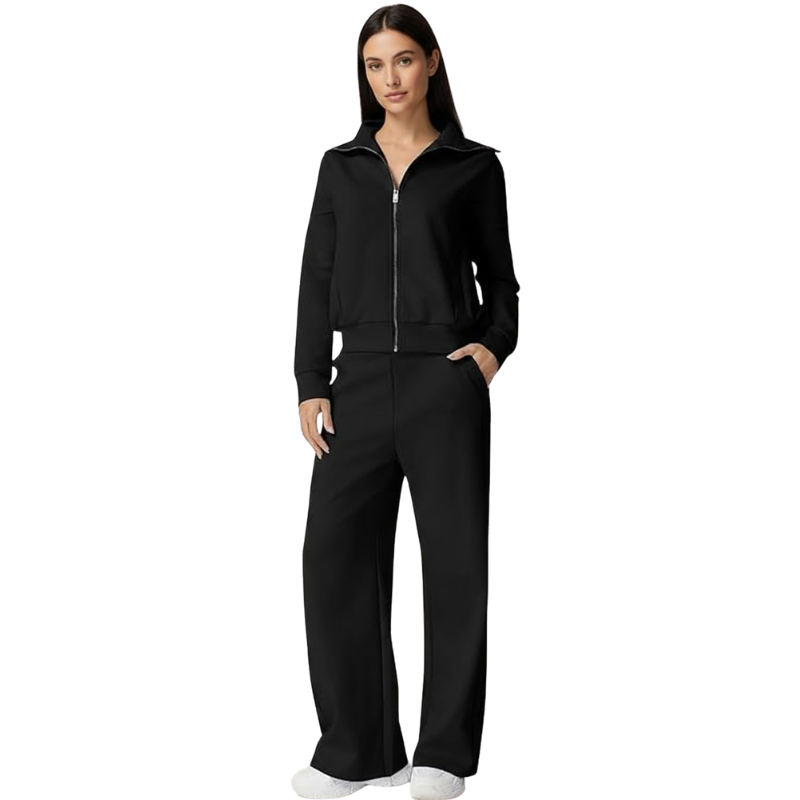 Two Piece Tracksuit With Zip Up Sweatshirt And Wide Pants For Women - Image 3