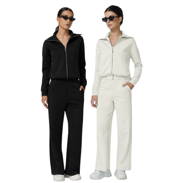 Two Piece Tracksuit With Zip Up Sweatshirt And Wide Pants For Women