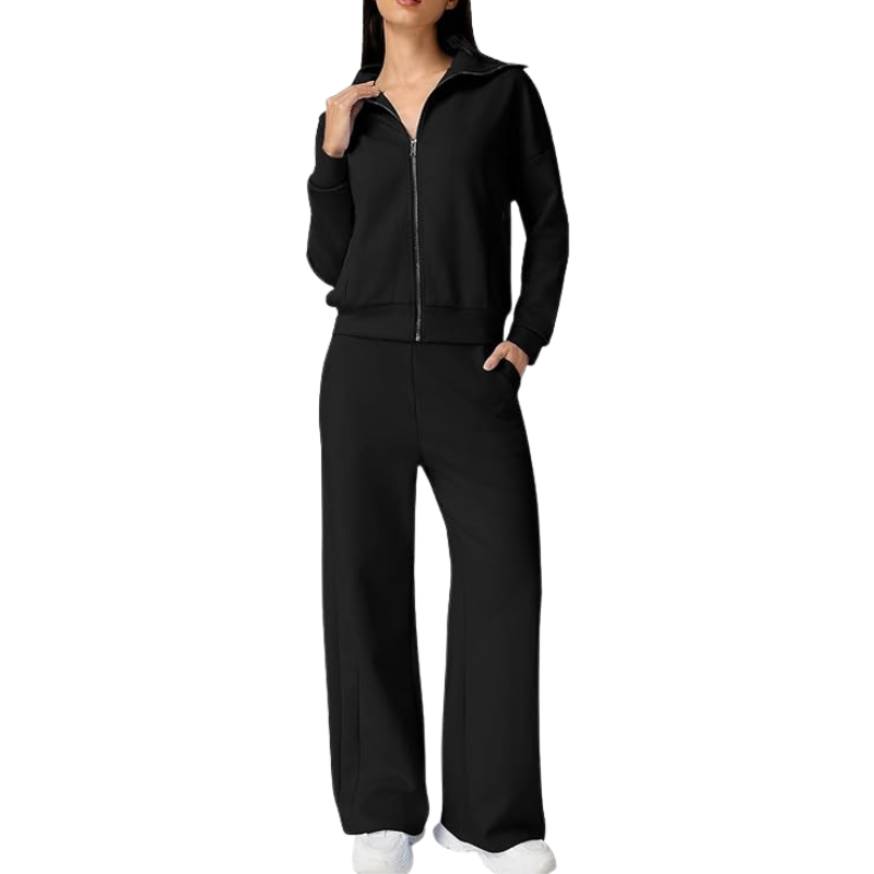 Two Piece Tracksuit With Zip Up Sweatshirt And Wide Pants For Women - Image 1