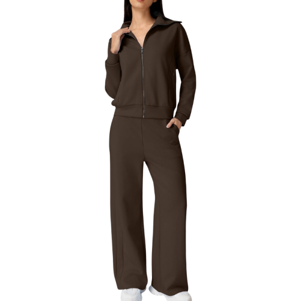Two Piece Tracksuit With Zip Up Sweatshirt And Wide Pants For Women
