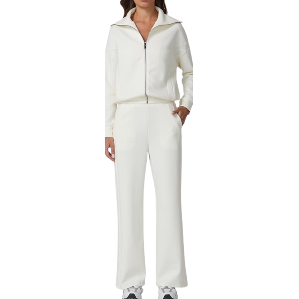 Two Piece Tracksuit With Zip Up Sweatshirt And Wide Pants For Women