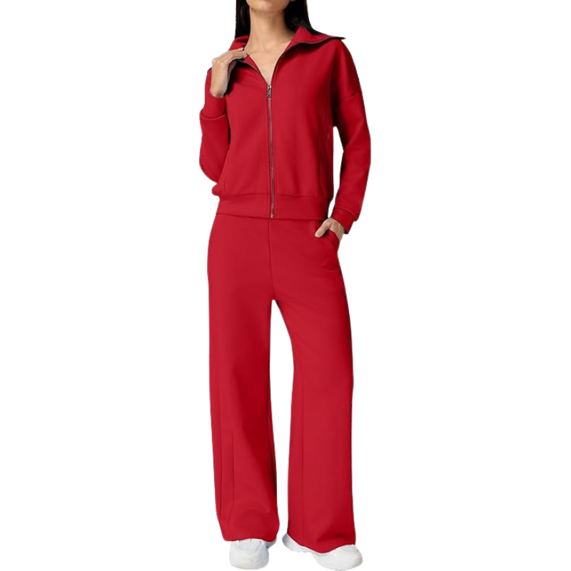 Two Piece Tracksuit With Zip Up Sweatshirt And Wide Pants For Women - Image 15