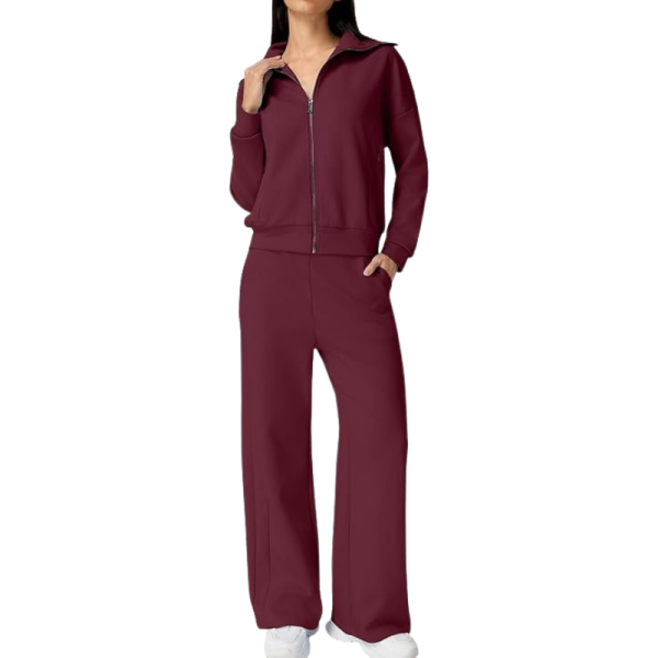 Two Piece Tracksuit With Zip Up Sweatshirt And Wide Pants For Women