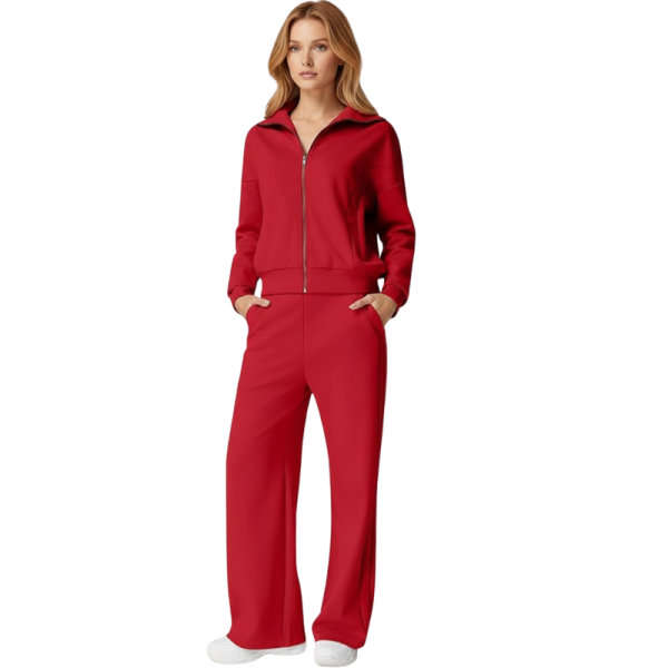 Two Piece Tracksuit With Zip Up Sweatshirt And Wide Pants For Women