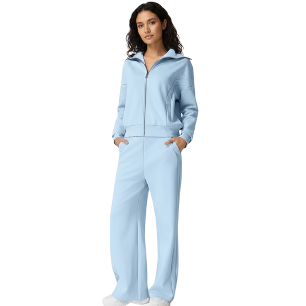 Two Piece Tracksuit With Zip Up Sweatshirt And Wide Pants For Women