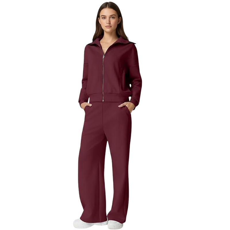 Two Piece Tracksuit With Zip Up Sweatshirt And Wide Pants For Women - Image 12