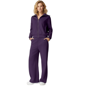 Two Piece Tracksuit With Zip Up Sweatshirt And Wide Pants For Women - Image 10