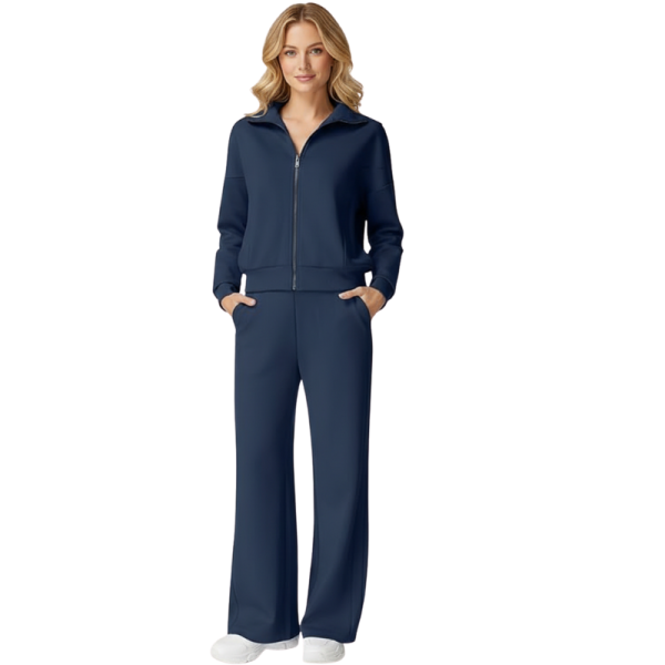 Two Piece Tracksuit With Zip Up Sweatshirt And Wide Pants For Women