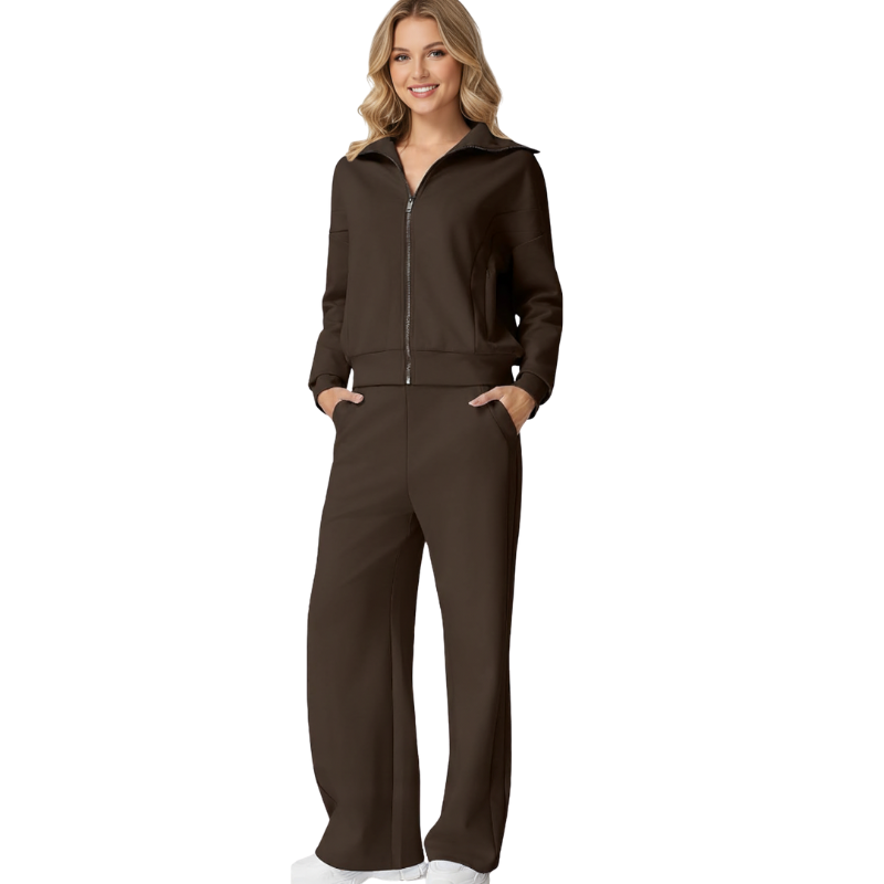 Two Piece Tracksuit With Zip Up Sweatshirt And Wide Pants For Women - Image 8