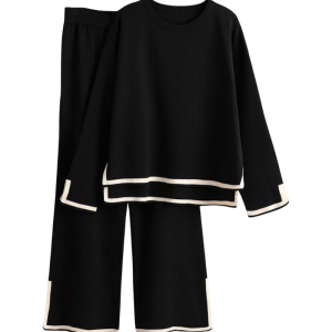 Two Piece Long Sleeve Knit Sweater And Wide Fit Pants Set - Image 1