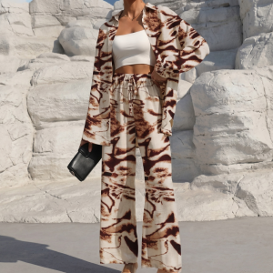 Casual 2 Piece Long Sleeve Shirt And Wide Fit Trouser Set For Women - Image 16
