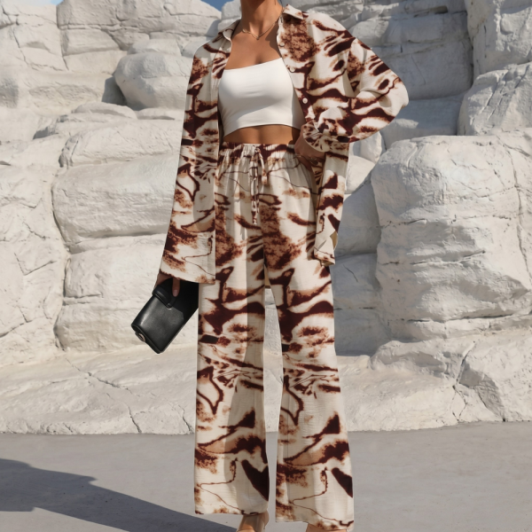 Casual 2 Piece Long Sleeve Shirt And Wide Fit Trouser Set For Women