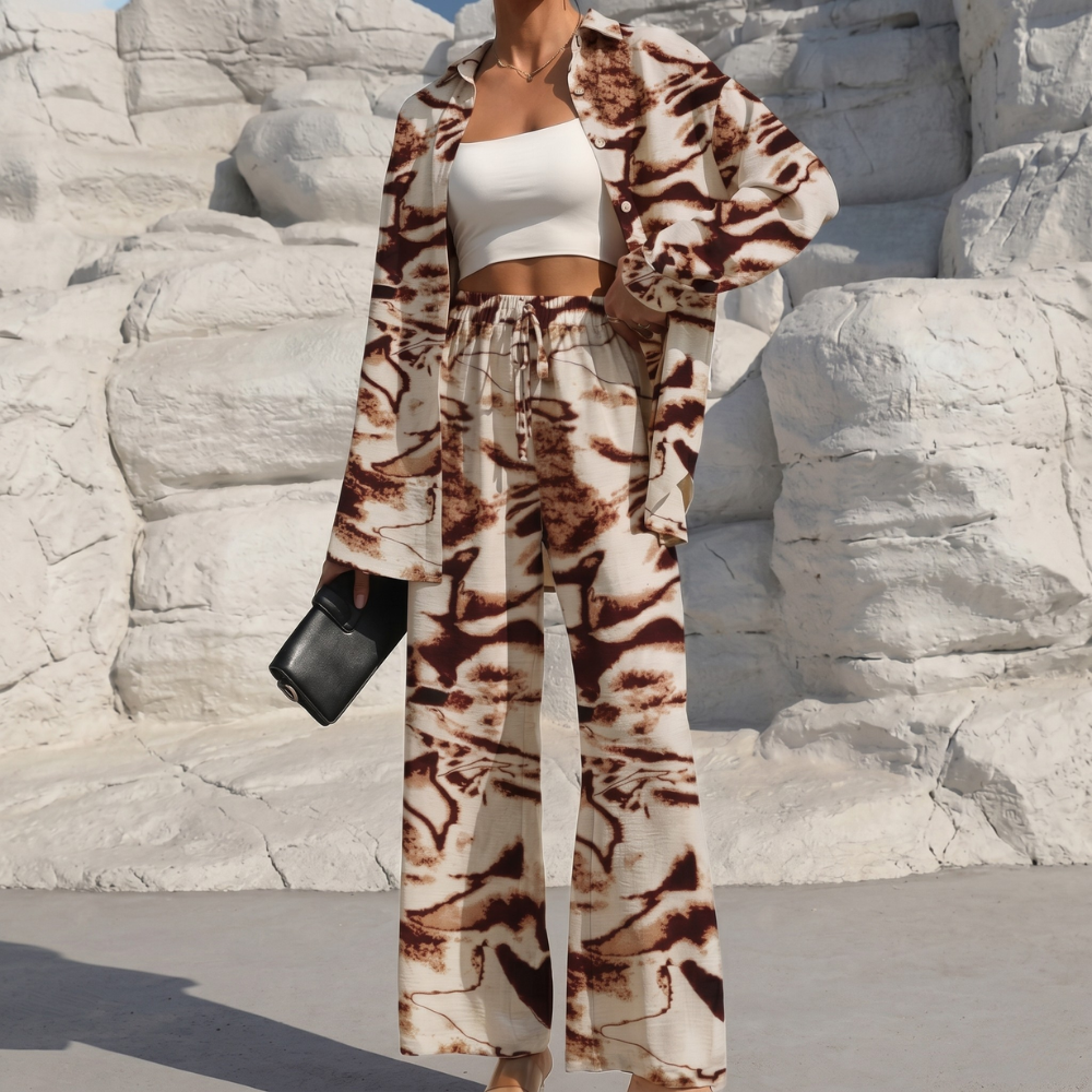 Casual 2 Piece Long Sleeve Shirt And Wide Fit Trouser Set For Women - Image 16