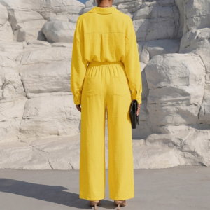 Casual 2 Piece Long Sleeve Shirt And Wide Fit Trouser Set For Women - Image 2