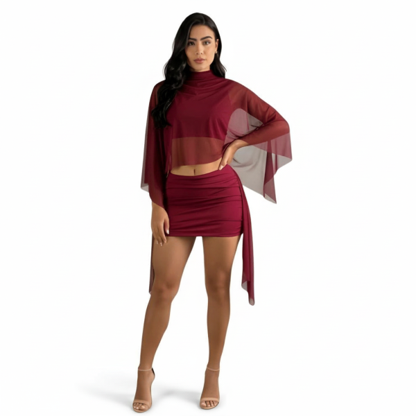 2 Piece Supplex Ana Set With Tulle Overlay And Draped Skirt