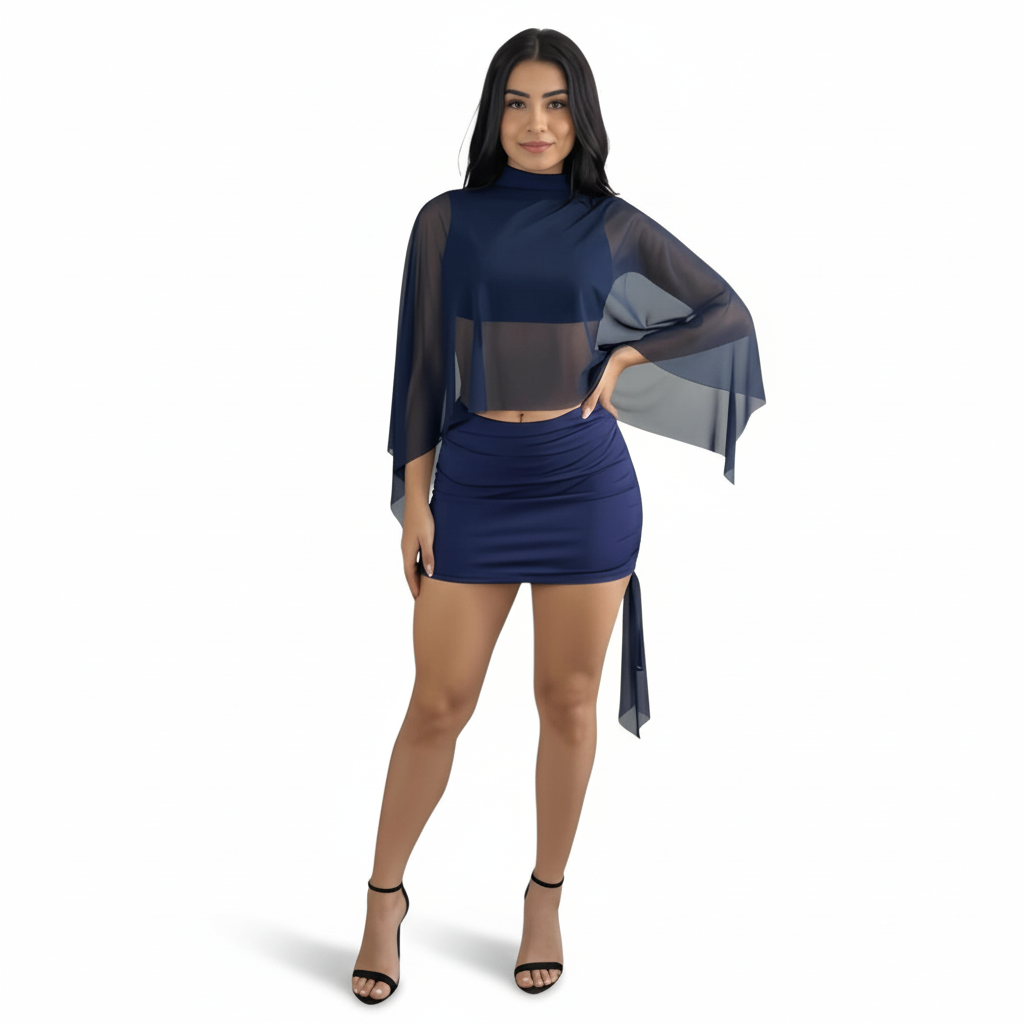 2 Piece Supplex Ana Set With Tulle Overlay And Draped Skirt - Image 3