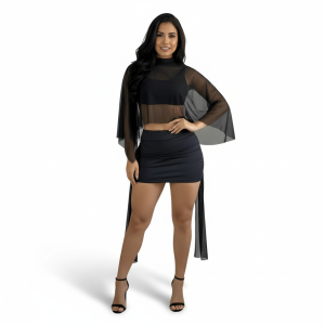 2 Piece Supplex Ana Set With Tulle Overlay And Draped Skirt