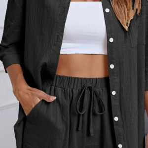 Button Up High Low Hem Shirt With Shorts - Image 3