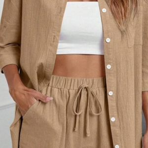 Button Up High Low Hem Shirt With Shorts - Image 2