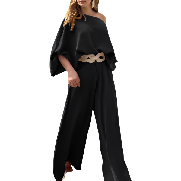 Two Piece Set With Flowy Pants And Lantern Sleeve Top For Women