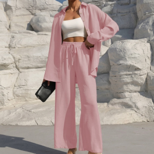 Casual 2 Piece Long Sleeve Shirt And Wide Fit Trouser Set For Women - Image 14