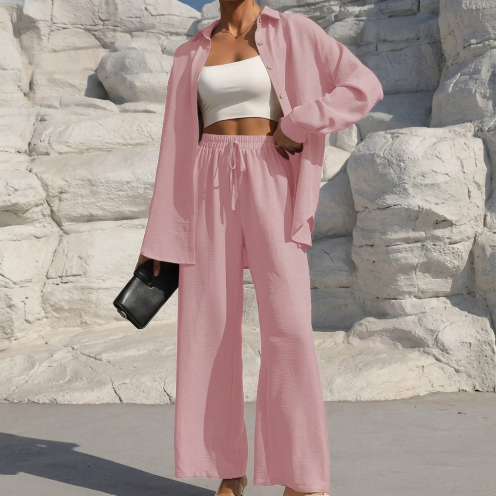 Casual 2 Piece Long Sleeve Shirt And Wide Fit Trouser Set For Women - Image 14