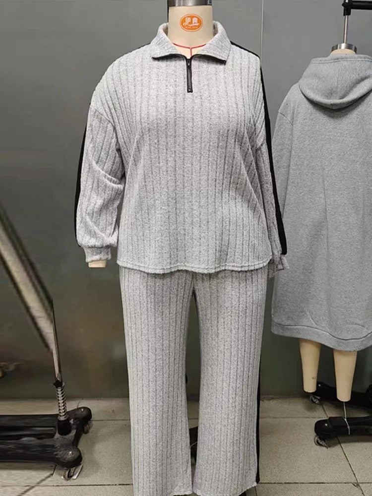 Knitted  Loose Fit Striped Patterned Tops And Pants Set - Image 6