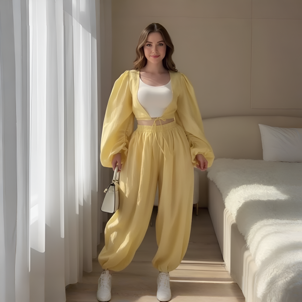 Puff Sleeve Crop Top And Pants Set For Women