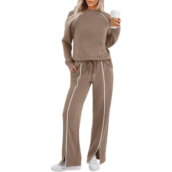 Two Piece Matching Outfit Set With Piping Detail Top And Loose Pants