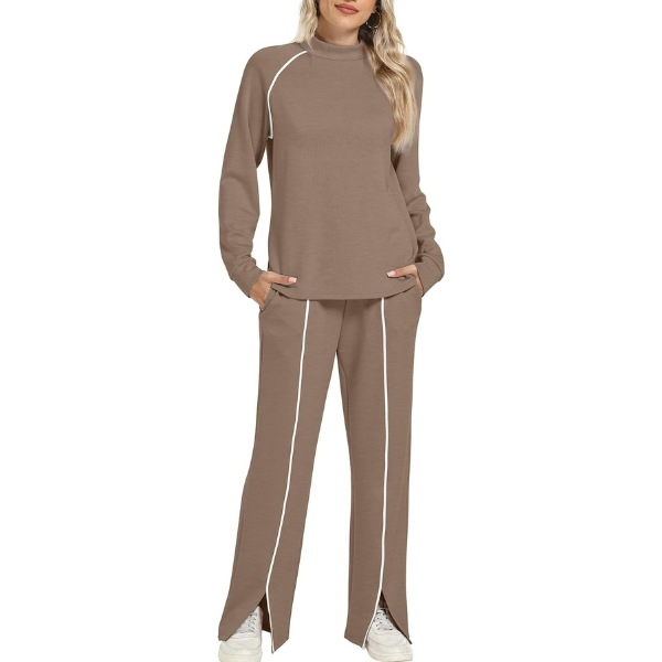 Two Piece Matching Outfit Set With Piping Detail Top And Loose Pants