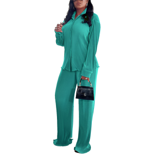 2 Piece Button Down Shirt And Pleated Pants Set For Women - Image 23