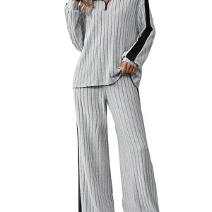 Knitted  Loose Fit Striped Patterned Tops And Pants Set - Image 1