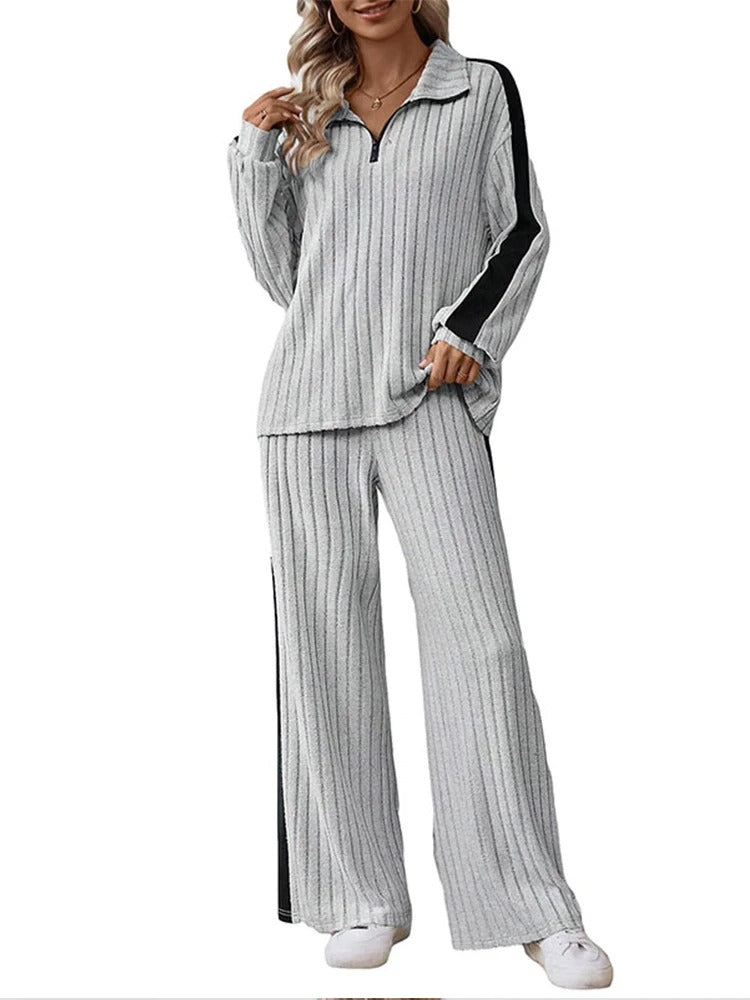 Knitted  Loose Fit Striped Patterned Tops And Pants Set - Image 1
