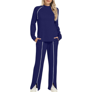 Two Piece Matching Outfit Set With Piping Detail Top And Loose Pants - Image 20