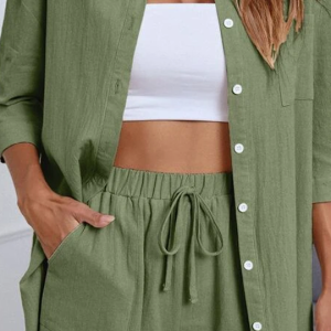 Button Up High Low Hem Shirt With Shorts - Image 6