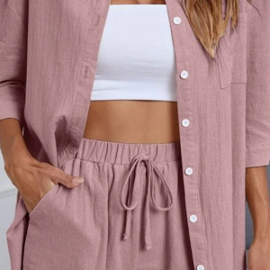 Button Up High Low Hem Shirt With Shorts - Image 7