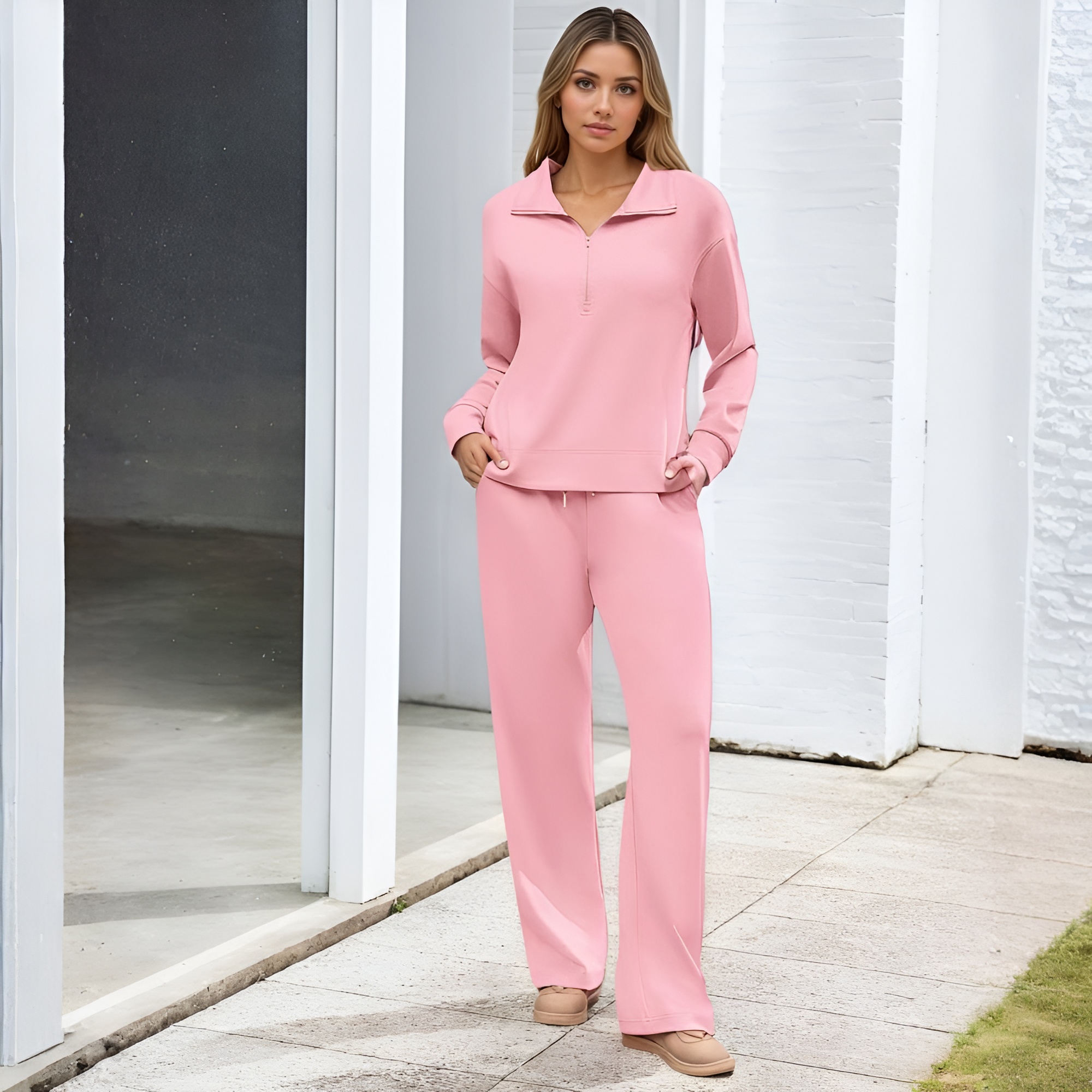 Two Piece Half Zip Sweatsuit With Loose Fit Outfit For Women - Image 1