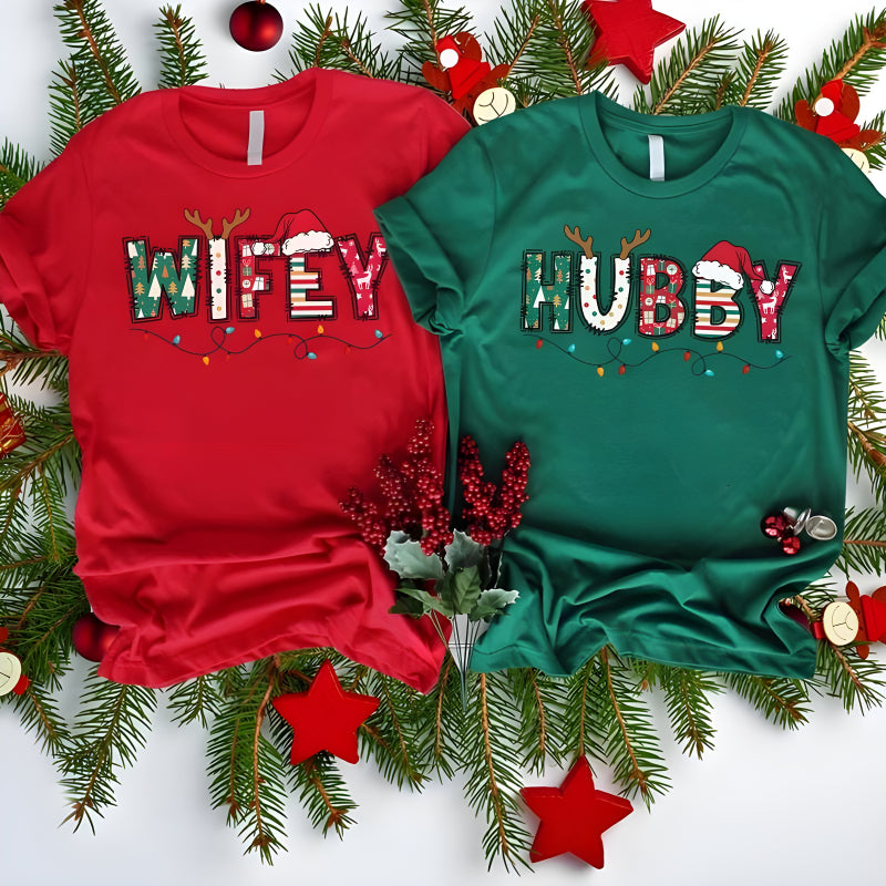 Festive Wife And Hubby Christmas T Shirt Set - Image 1
