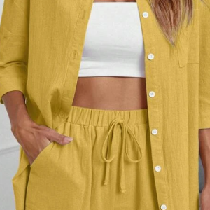 Button Up High Low Hem Shirt With Shorts - Image 11